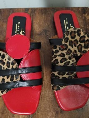 Elina Linardaki Lucia Red Leather Leopard Calf Hair Slide Sandals EU 41 US10 NIB